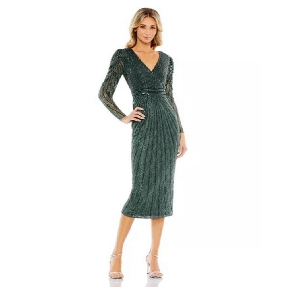 New Mac Duggal Size 2 Green 93676 Beaded Long Sleeve V-Neck Midi Cocktail Dress